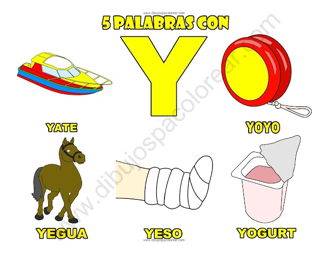 Cinco Palabras con la letra Y dibujo a color y para colorear